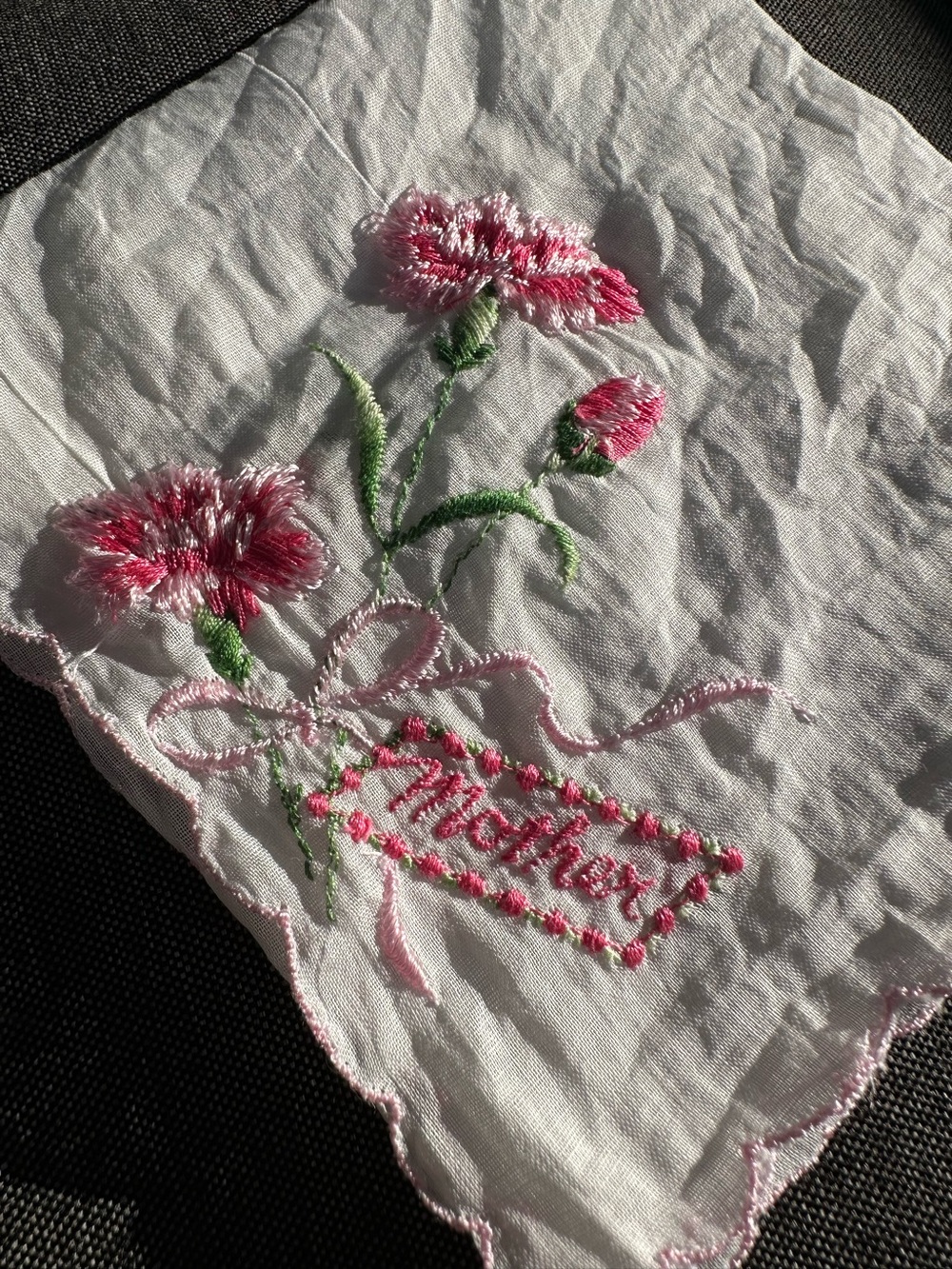Vintage Embroidered Pink 'Mother' Handkerchief - Floral Accent
